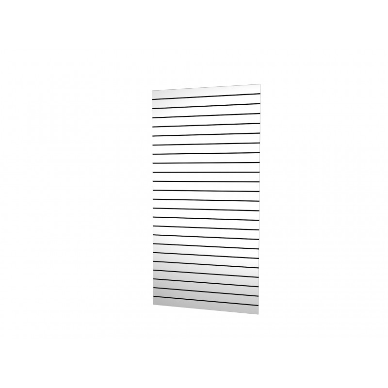 Panelplade i 19mm hvid melamin. Aluprofiler med 10cm profilafstand. BxH: 120x244cm.