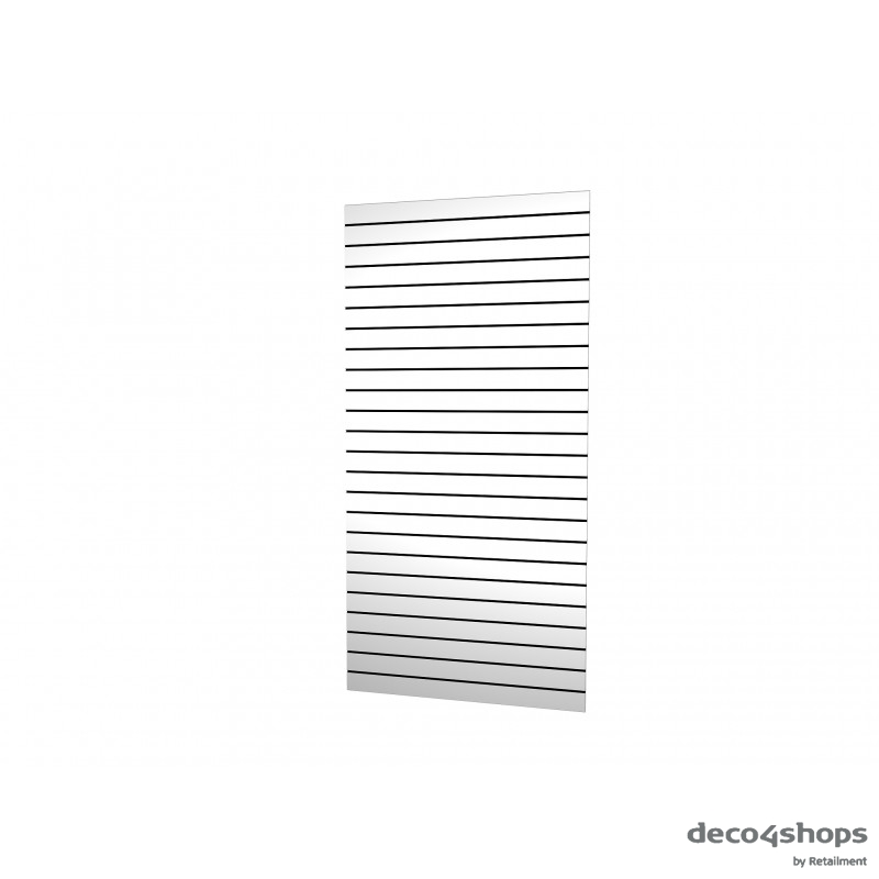 Panelplade i 19mm hvid melamin. Aluprofiler med 10cm profilafstand. BxH: 120x244cm.